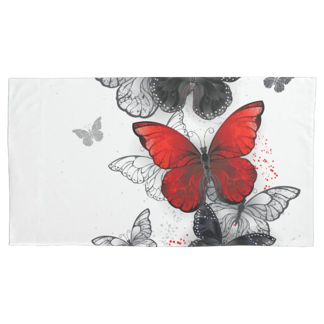 Housse D'oreillers Papillons Morpho Noirs et Rouges en Vol (devant)