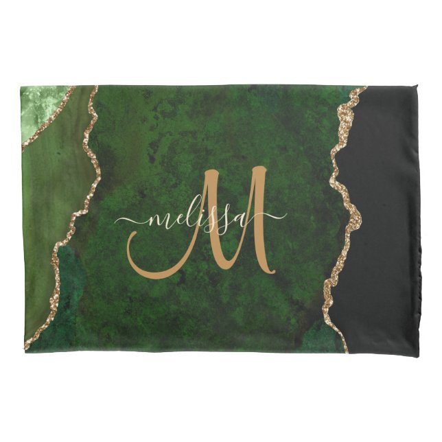 Housse D'oreillers Parties scintillant d'or vert chic Agate Monogramm (devant)
