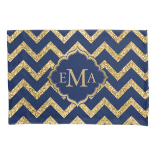 Housse D'oreillers Parties scintillant or bleu Chevron Zigzag Motif M