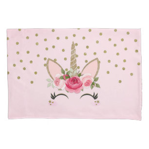 Housse D'oreillers Parties scintillantes d'or et licorne florale rose