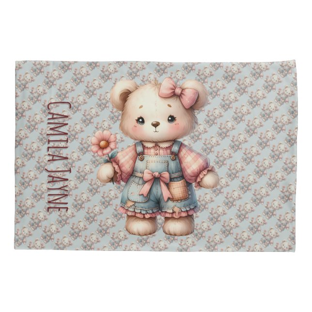 Housse D'oreillers Pastel Teddy Bear Holding Flower Wear Overalls (Dos)