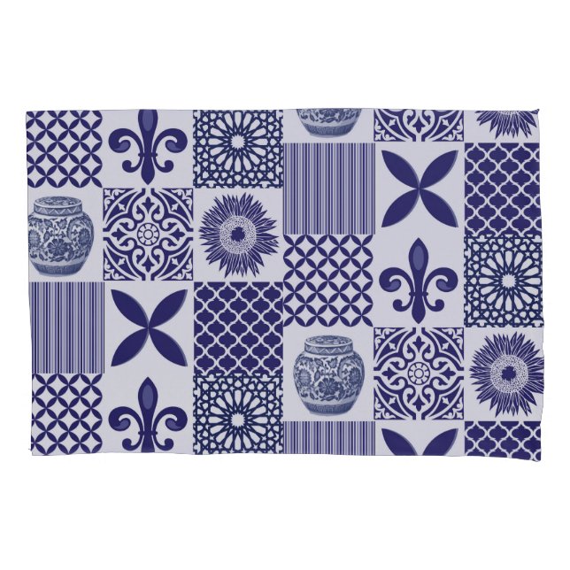 Housse D'oreillers Patchwork Quilt Motif en bleu et blanc marine (devant)