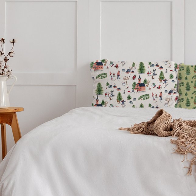 Housse D'oreillers Paysage de ski d'hiver imprimé (Wintersport green ski landscape all-over print pillow case)