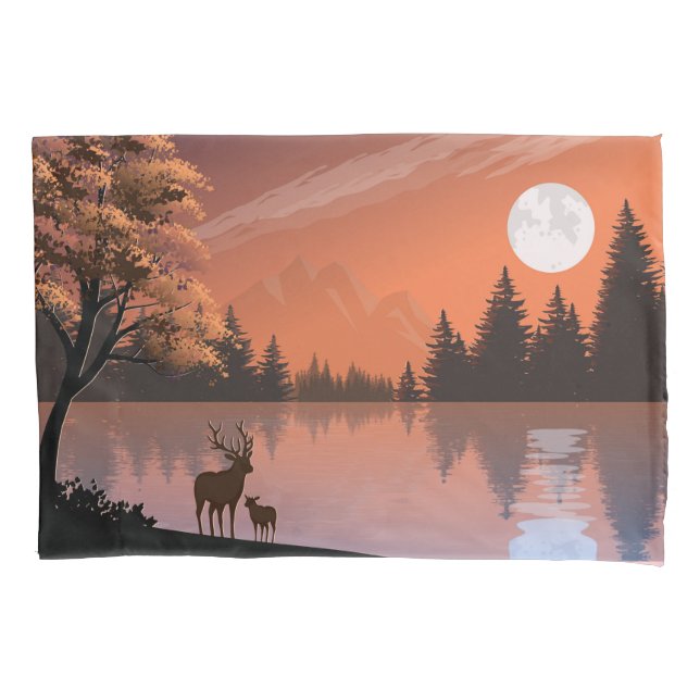 Housse D'oreillers Paysage du lever du soleil avec lac et Deers-51207 (devant)