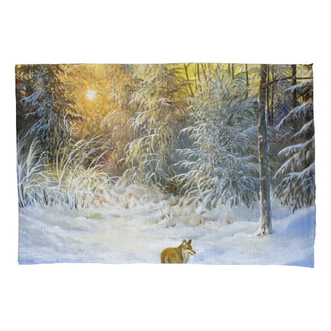 Housse D'oreillers Paysage Sunset Fox d'hiver. (devant)