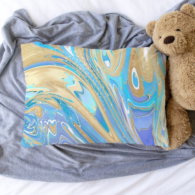 Housse D'oreillers Pearlescent Aqua & Gold en marbre liquide (Aqua & Gold Marble Paint Pour Pillow Case)