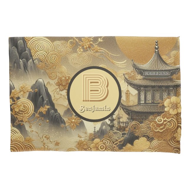 Housse D'oreillers Peinture chinoise Faux Golden Dripping Monogramme (devant)