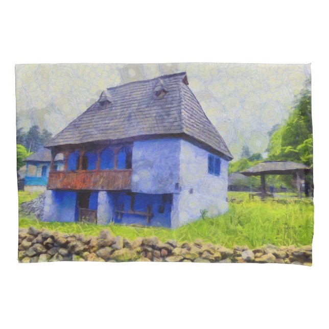 Housse D'oreillers Peinture de maison bleue (devant)