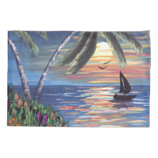 Housse D'oreillers Peinture d'océan de coucher du soleil de palmiers