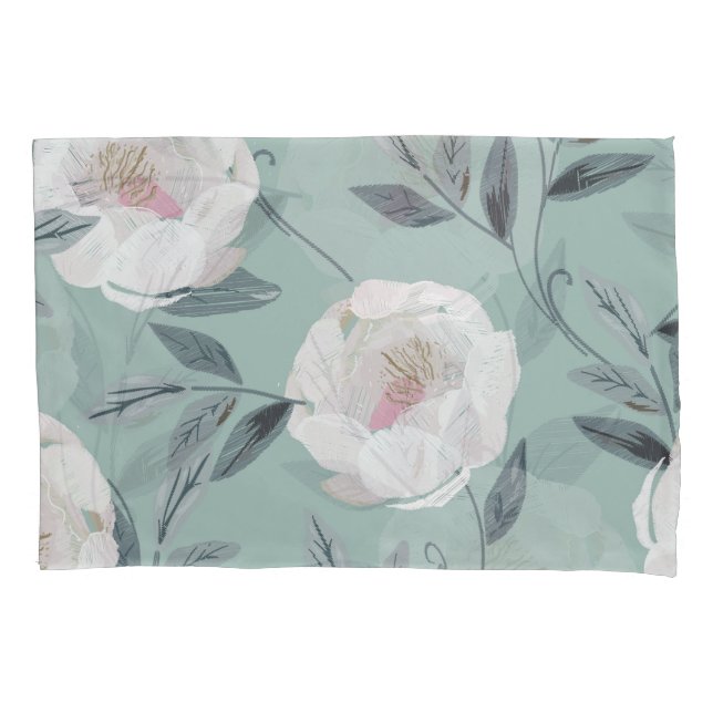 Housse D'oreillers Peonies Roses Blanches : Broderie Florale. (devant)