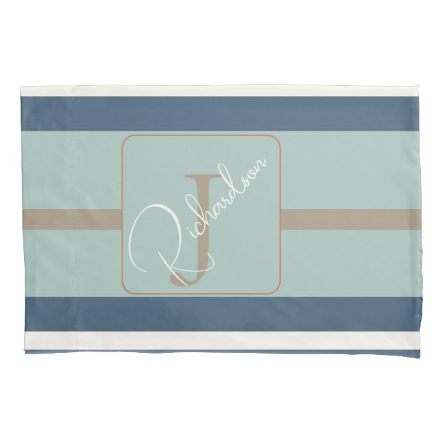 Housse D'oreillers Personalized Blue Mint Tan Stripe Monogram Coastal (devant)