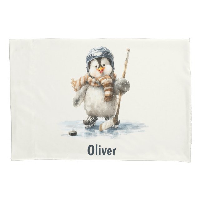 Housse D'oreillers Personalized Winter Penguin Hockey Kid (devant)