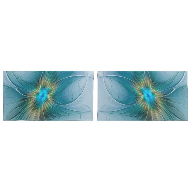 Housse D'oreillers Petite Beauté Moderne Bleu Or Fractal Art Flower (devant-Set)