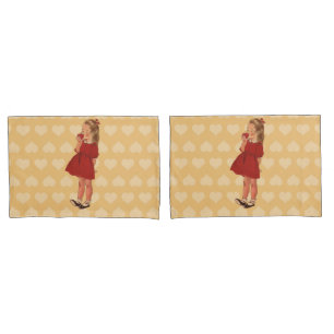 Housse D'oreillers Petite fille Vintage Robe Rouge Manger Coeurs de p