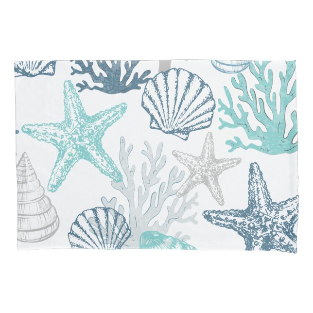 Housse D'oreillers Pillowcase Turquoise Blue Seashells Starfish Coast (devant)