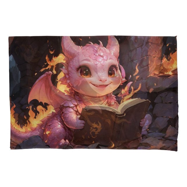 Housse D'oreillers Pink Baby Dragon lit un livre (devant)