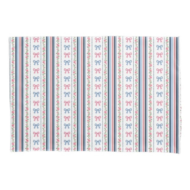 Housse D'oreillers Pink Blue coquette bow Florals Stripes Trendy Girl (devant)