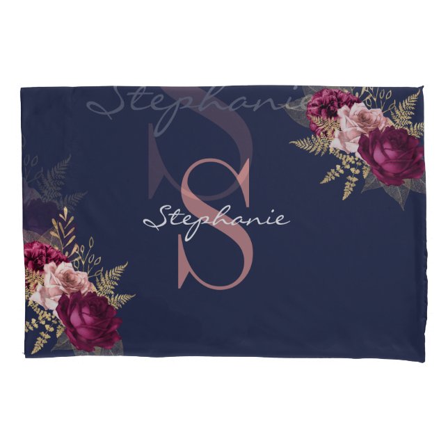 Housse D'oreillers Pink Burgundy Or Floral Monogramme Nom personnalis (devant)