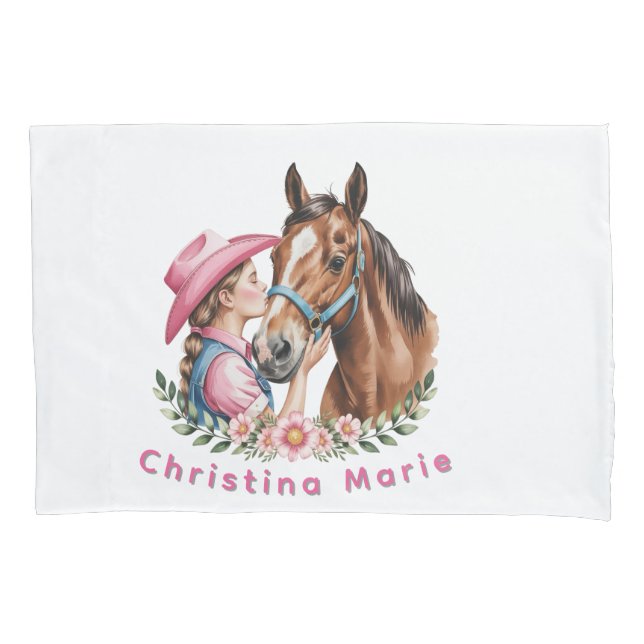 Housse D'oreillers Pink Cowgirl Kissing a Horse Birthday Party Gift (devant)
