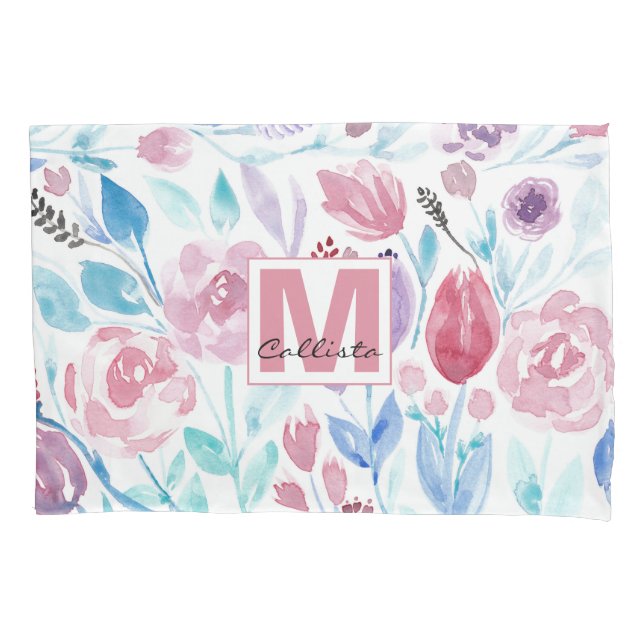 Housse D'oreillers Pink Turquoise Bleu Ressort Aquarelle Fleurs Monog (devant)