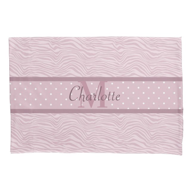 Housse D'oreillers Pink Zebra Imprimer & Pois Monogramme (devant)