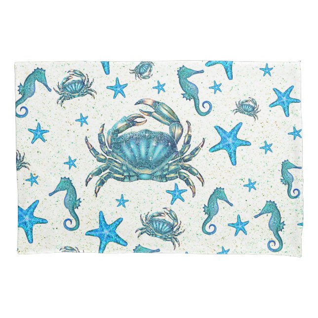 Housse D'oreillers Plage moderne Crabe Bleu Starfish Horloge (devant)