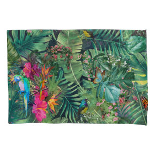 Housse D'oreillers Plante vert tropical feuilles et perroquets