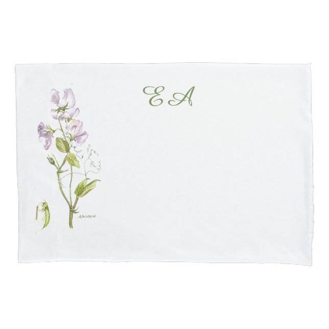 Housse D'oreillers Pois doux violet et fleurs d'aquarelle verte (devant)
