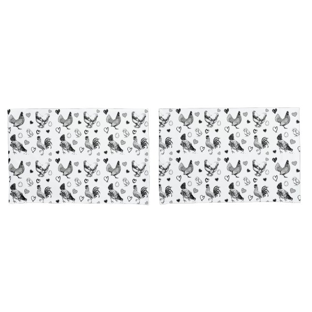 Housse D'oreillers Poulets de dessin animé noir et blanc mignons (devant-Set)