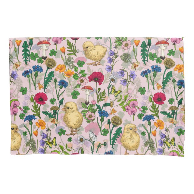Housse D'oreillers Poulets et fleurs sauvages sur coton bonbon rose (devant-gauche)