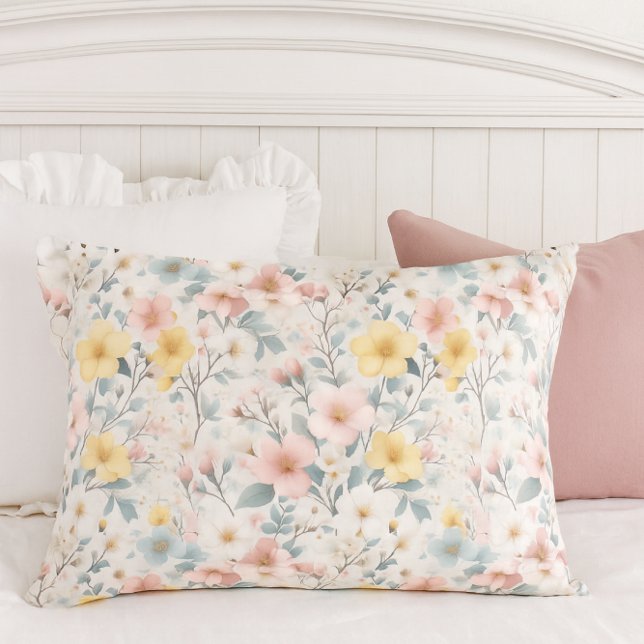 Housse D'oreillers Prairie de printemps florale rose jaune (This charming pillowcase brings a touch of cottage-style elegance to your spring and summer bedroom.)
