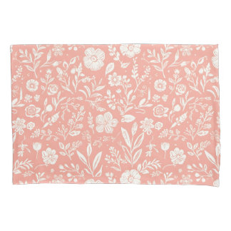 Housse D'oreillers Prairie Florale Blanche sur Fond Rose Corail