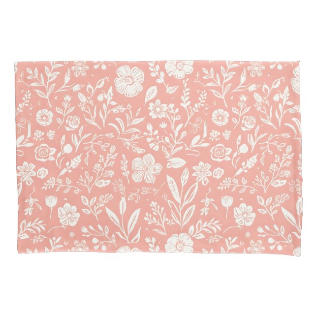 Housse D'oreillers Prairie Florale Blanche sur Fond Rose Corail (devant)