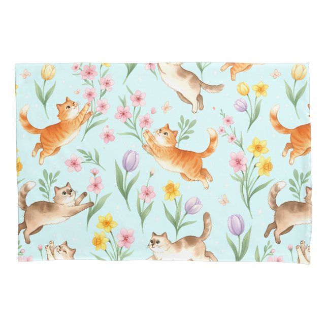 Housse D'oreillers Promenade printanière – Chats joueurs et floraison (devant)
