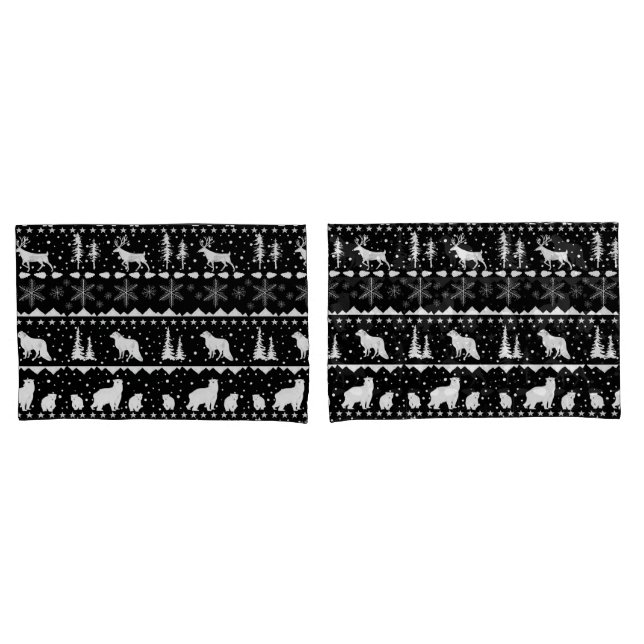 Housse D'oreillers Pull nordique blanc Animaux d'hiver Noir (devant-Set)