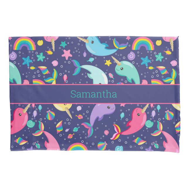 Housse D'oreillers Rainbow Narwhal Under the Sea Girls Personnalisé (devant)