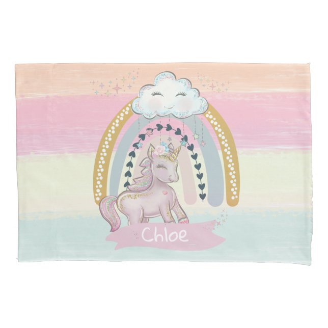 Housse D'oreillers 🦄 Rainbow Unicorn Girl Nom personnalisé (devant)