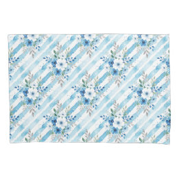 Housse D'oreillers Rayure florale botanique bleu blanc aquarelle