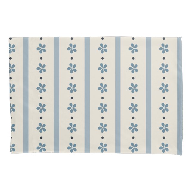 Housse D'oreillers Rayures Bleues Et Crème Et Fleurs (devant)
