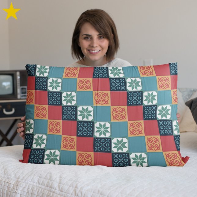 Housse D'oreillers Red Teal Orange Classic European Mosaic Tiles (Créateur téléchargé)