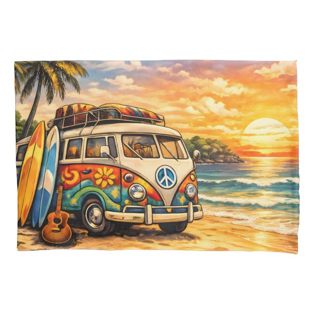 Housse D'oreillers Retro 60s Hippie Beach Bus Sunset | Surf Van Life (devant)