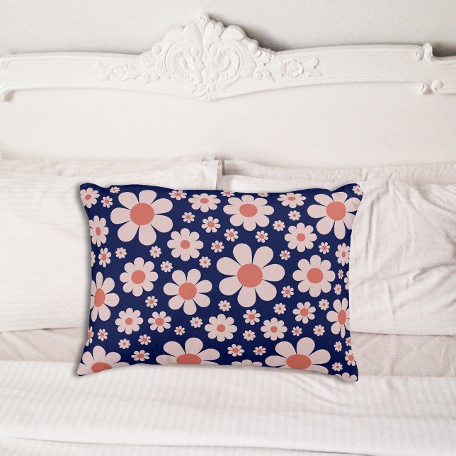 Housse D'oreillers Retro Daisy Motif Blue (Retro daisy groovy navy blue and orange pattern pillow case)