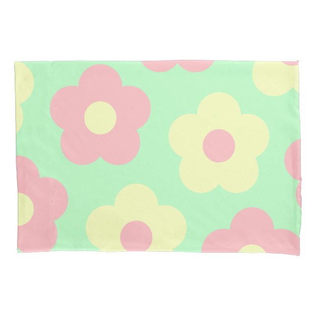 Housse D'oreillers Retro Pastel Jaune Rose Fleurs mignonnes (devant-gauche)