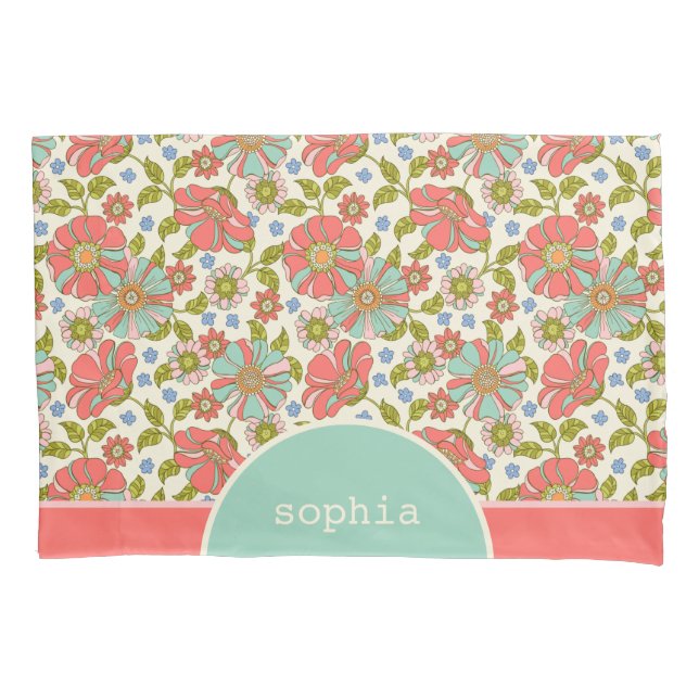Housse D'oreillers Retro Rose & Aqua Floral Personnalisé (devant)