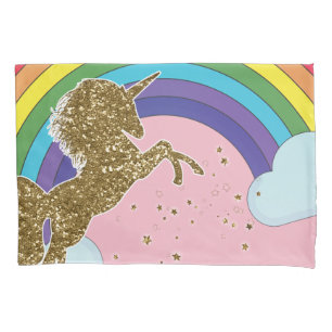 Housse D'oreillers Retro Unicorn Rainbow & Gold Stars