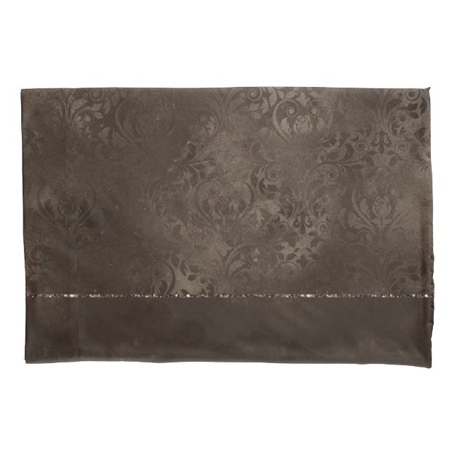 Housse D'oreillers Romance en bronze de minuit | Satiny Grunge Damask (devant-gauche)