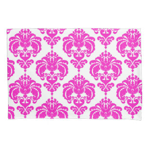 Housse D'oreillers Rose Chaude & Blanc Élégant Chic Motif Damassé