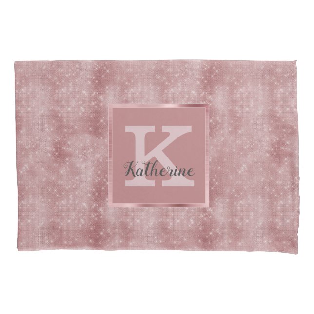 Housse D'oreillers Rose Dusty Gold Pink Sparkle Nom du monogramme (devant)