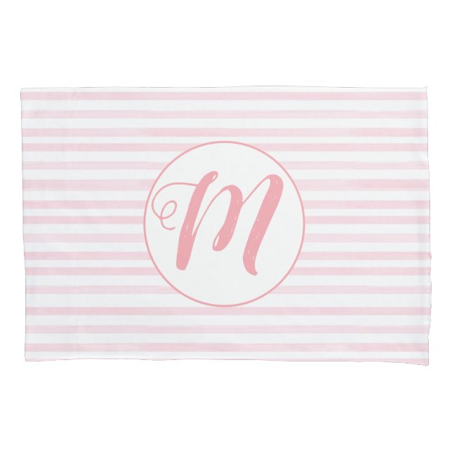 Housse D'oreillers Rose et blanc rayé monogrammé (devant)