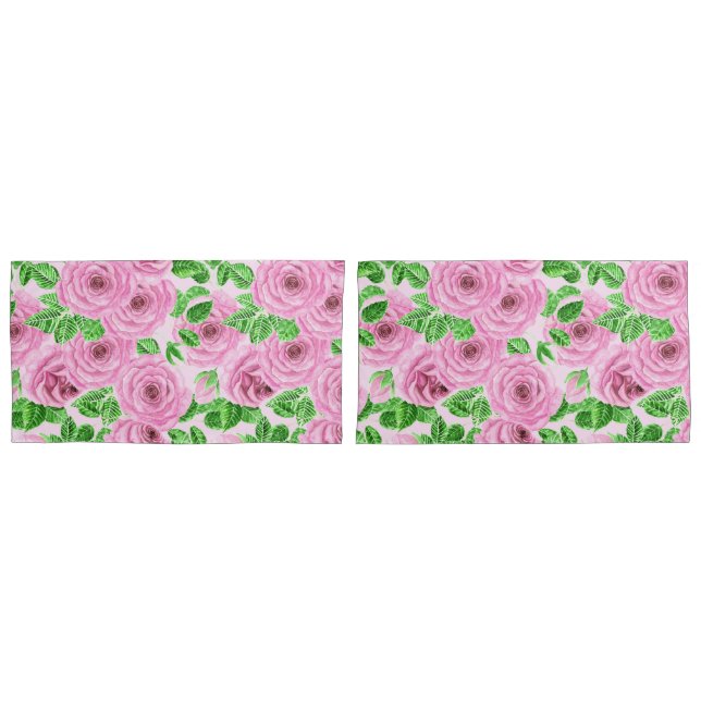 Housse D'oreillers Roses d'aquarelle rose avec feuilles et pattes de  (devant-Set)